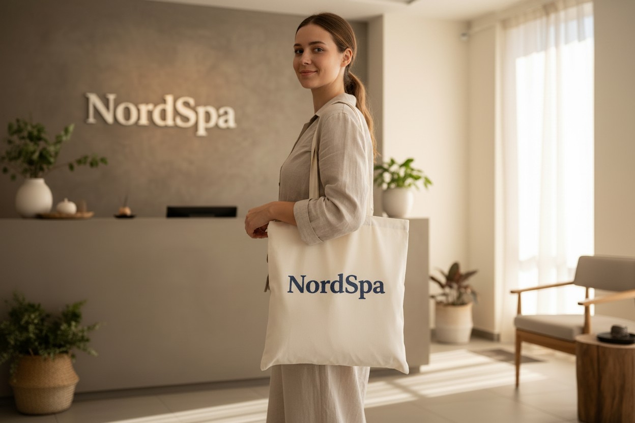 Valkoinen logolla painettu kangaskassi spa- ja hyvinvointipalveluiden asiakastuotteille